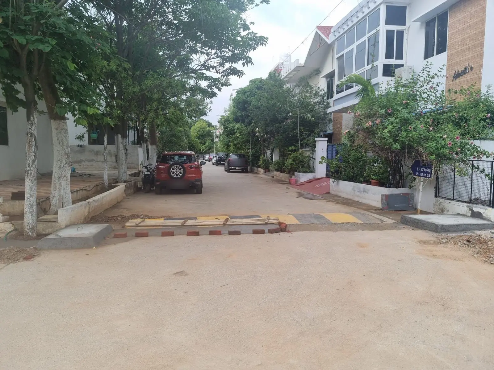 A tree-lined concrete street inside Amulya Homes