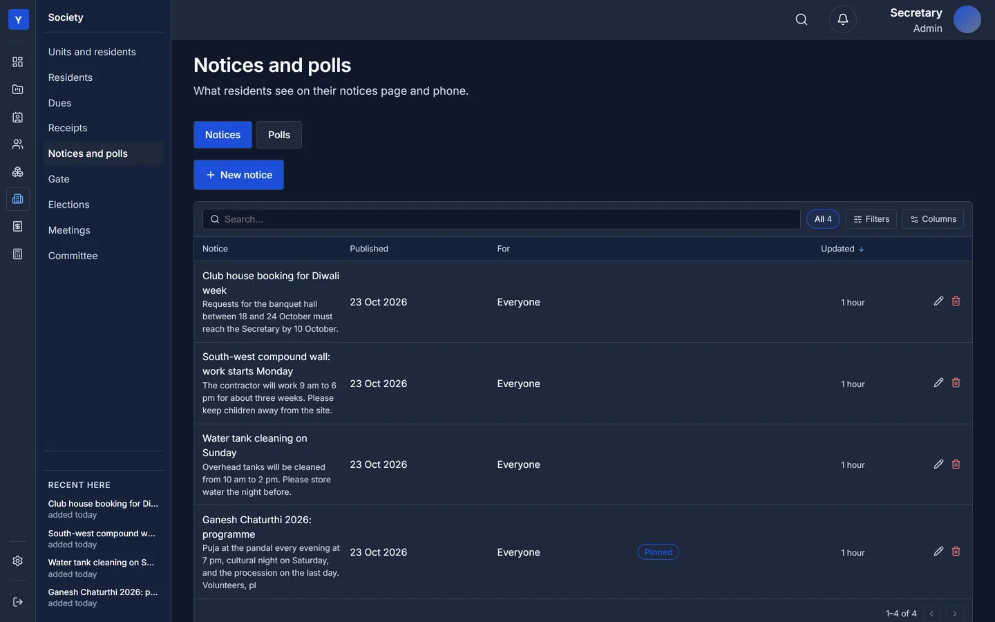 Notices list with one pinned notice