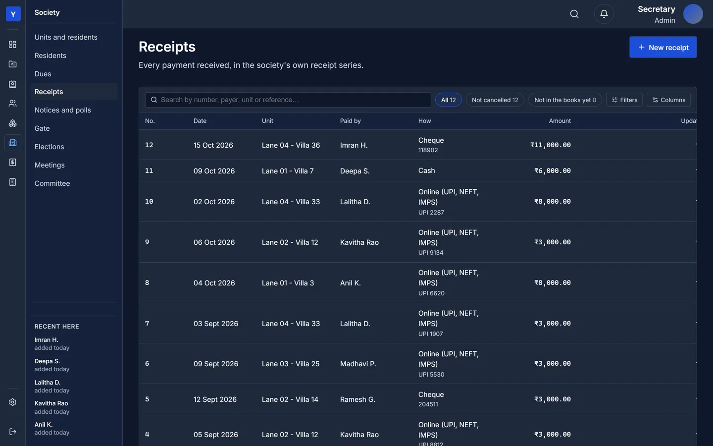 Receipts list with cash, cheque and UPI payments