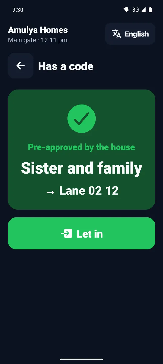 Code check showing a pre-approved guest for Lane 02 12 and a Let in button