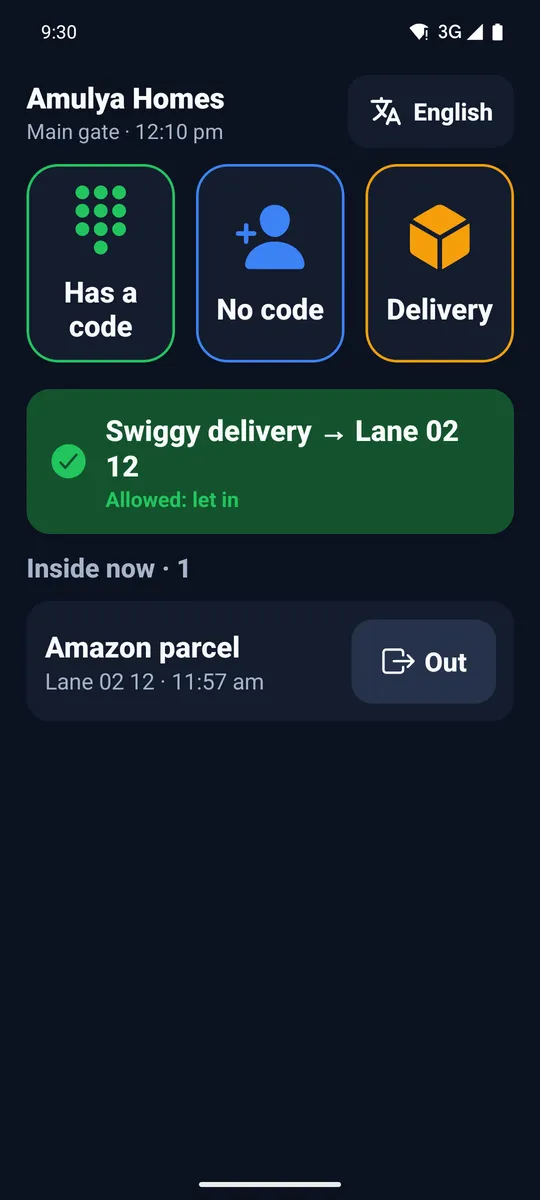 Gate app home with Has a code, No code and Delivery buttons and the list of visitors inside