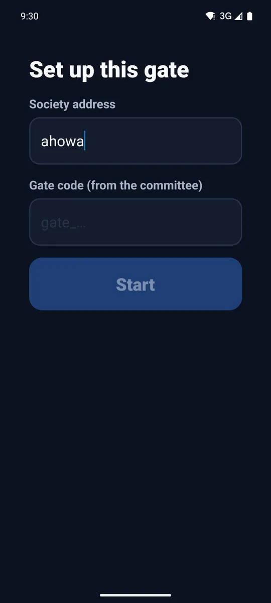 Gate app set-up screen