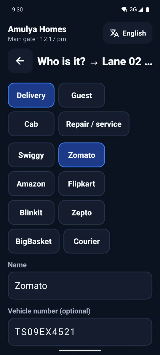 Who is it screen with Delivery and Zomato chosen and a vehicle number