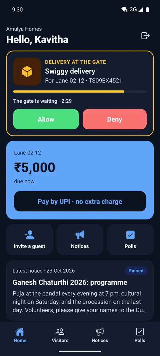 Home screen with a delivery waiting at the gate, Allow and Deny buttons, and the dues card