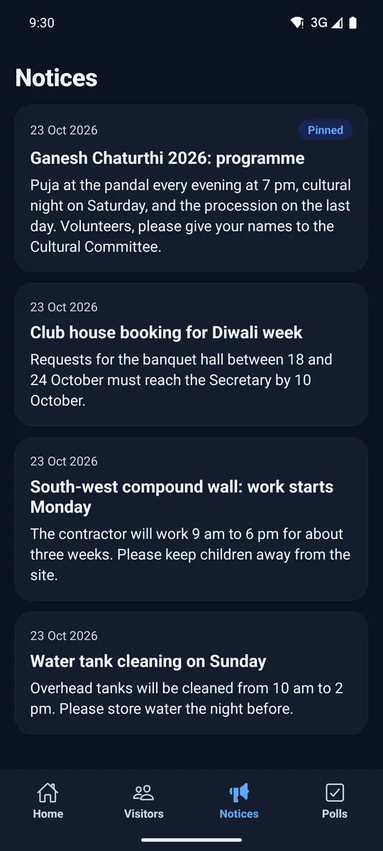 Notices screen with a pinned Ganesh Chaturthi notice
