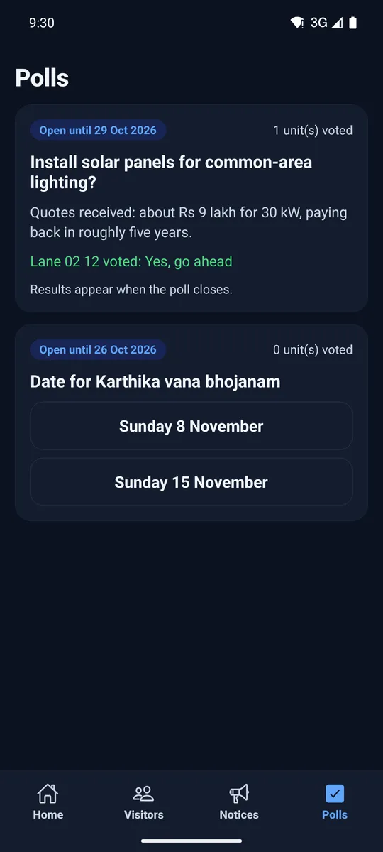 Polls screen with a solar panel question already voted on and a date choice