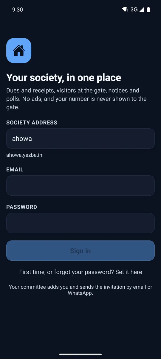 Sign-in screen with the society address ahowa