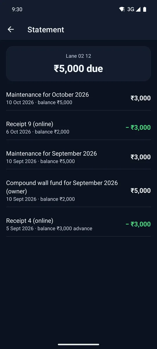 Statement screen listing maintenance charges, a fund and receipts