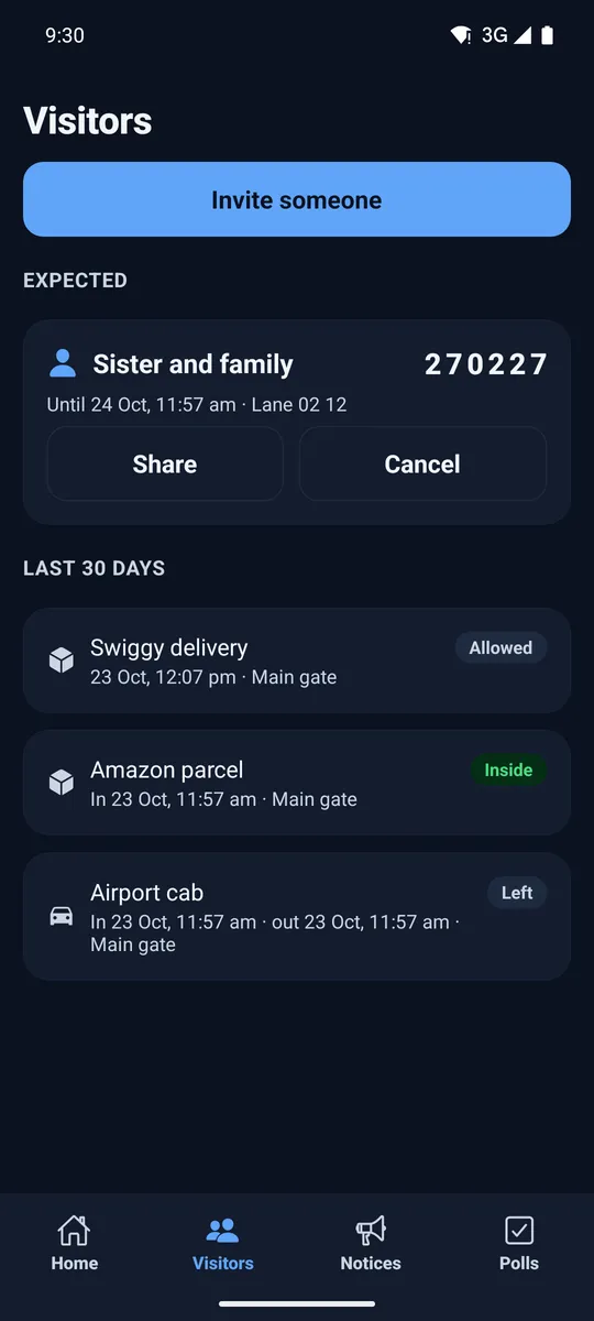 Visitors screen with an expected guest's code, Share and Cancel, and recent visitors