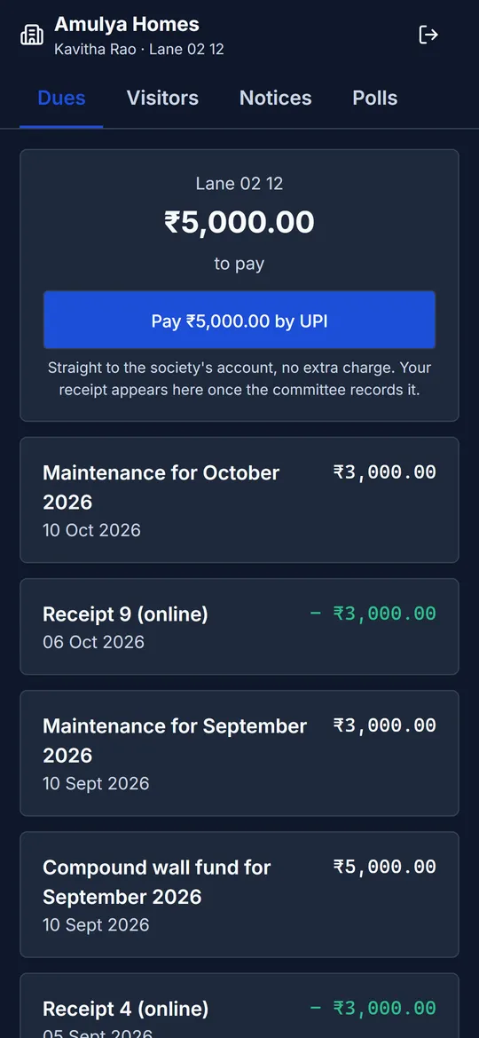 Resident web app: dues and Pay by UPI