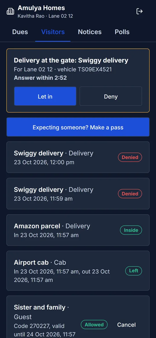 Resident web app: a delivery waiting with Let in and Deny